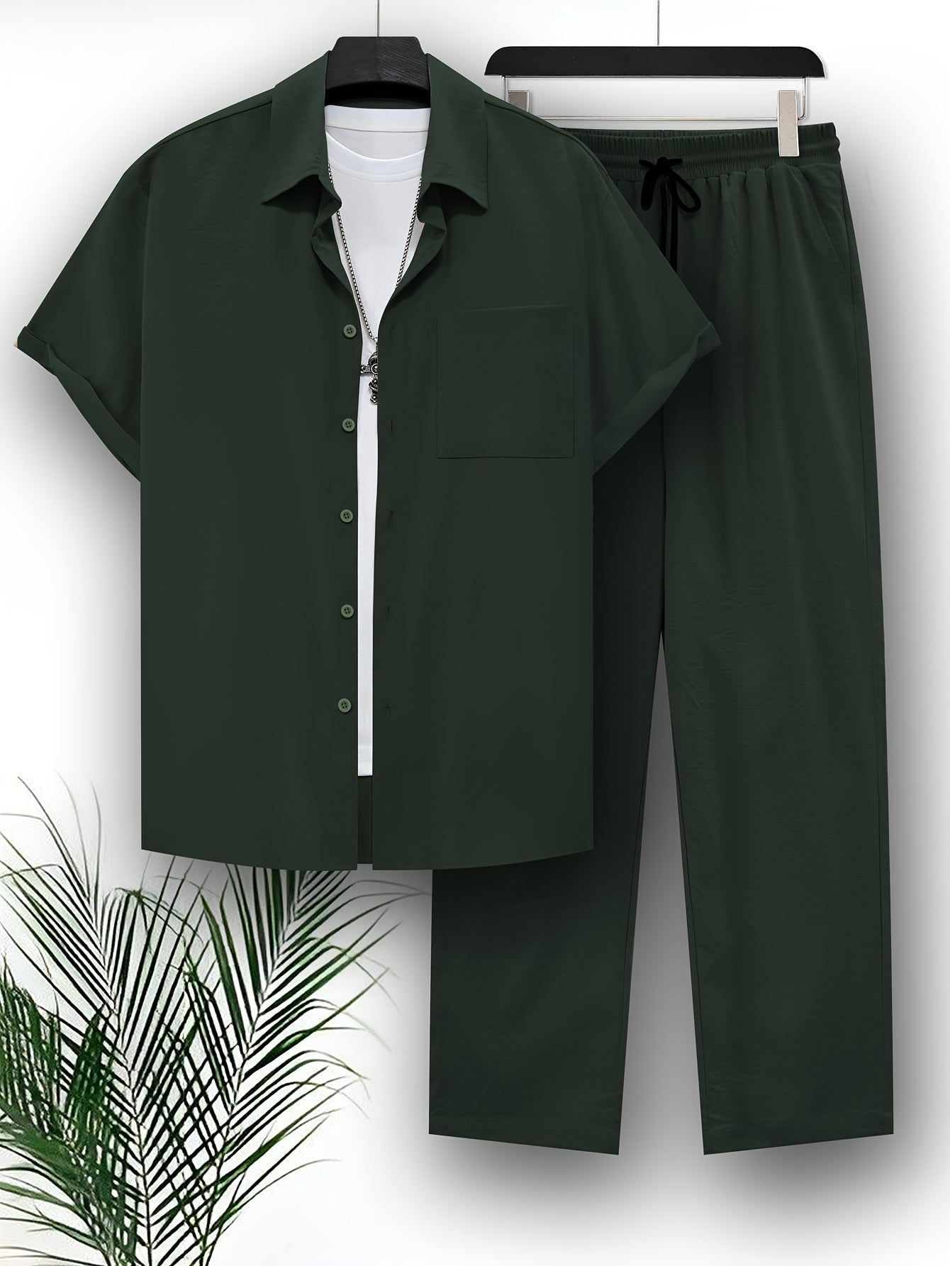 Top and Pants Set - Casual - Polyester, Short Sleeve, Solid Color - Perfect for Casual Wear