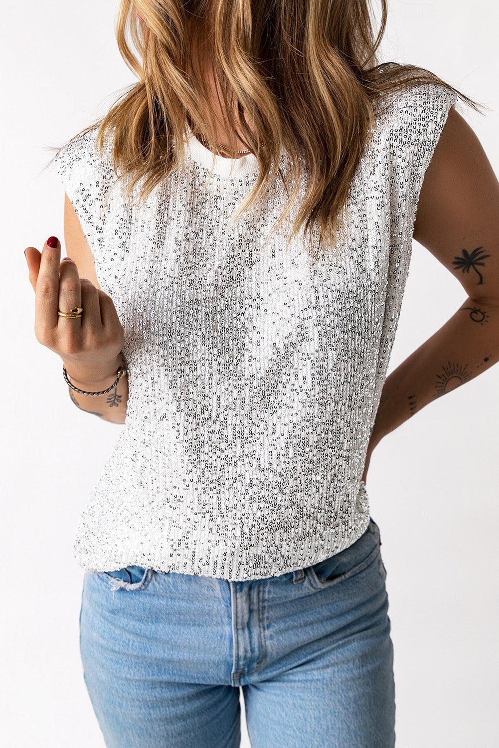 Zoya | Women's Sequin Capped Sleeve Tank Top - Stylish & Shiny