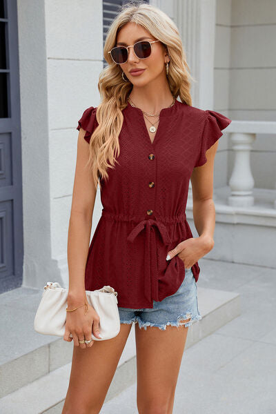 Leimomi | Button Eyelet Notched Cap Sleeve Women's Blouse - Stylish & Feminine Top