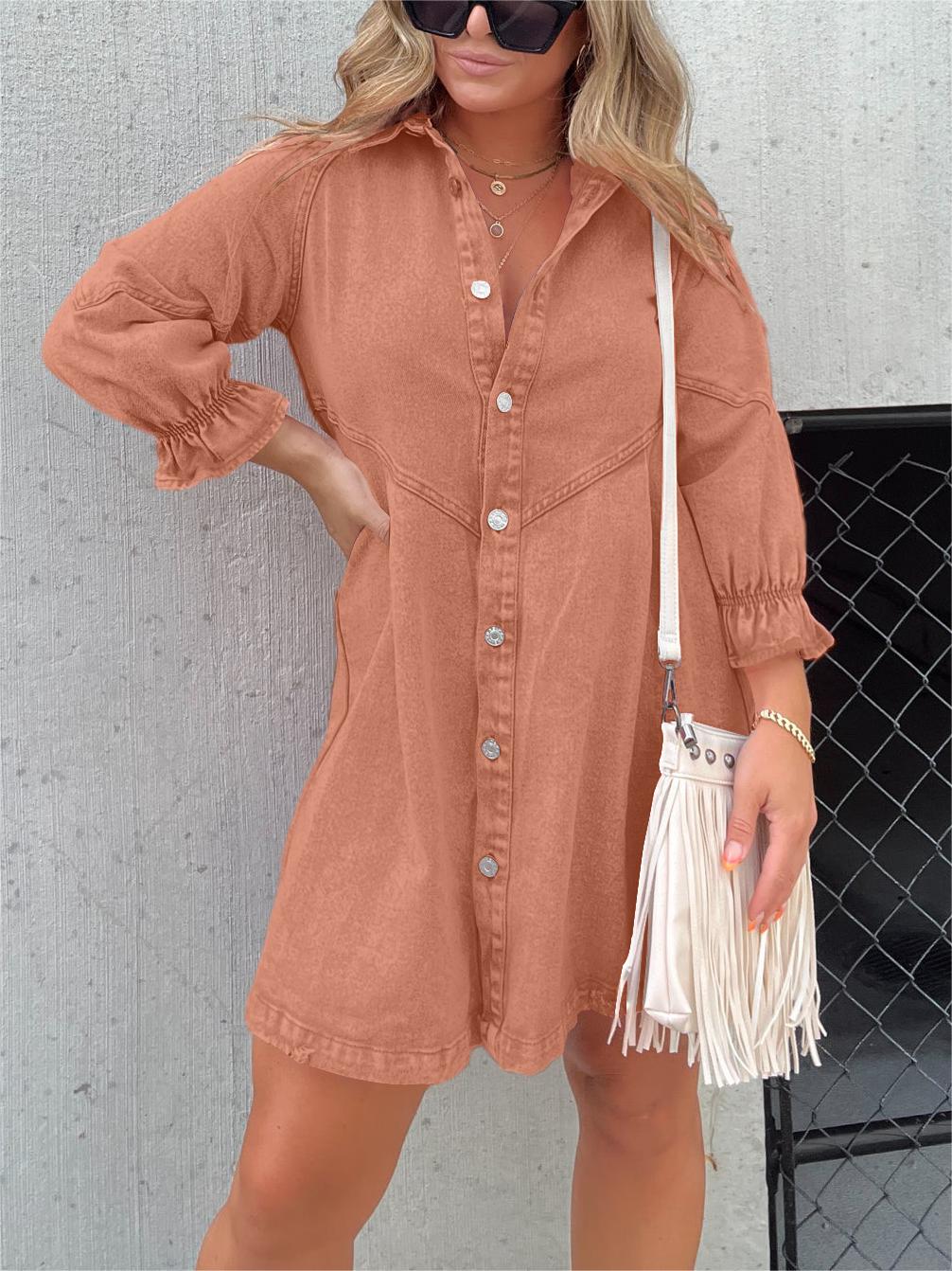 Denim Midi Dress for Women with Stylish Turn-down Collar - Zorelyae