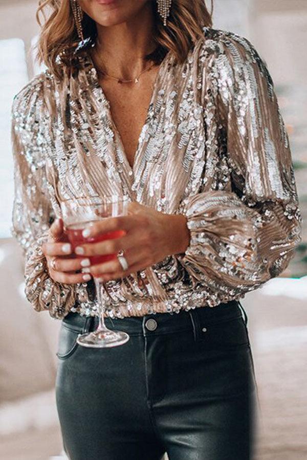 Sparkling & Stylish Women's Glitter V-Neck Long Sleeve Top – Naya