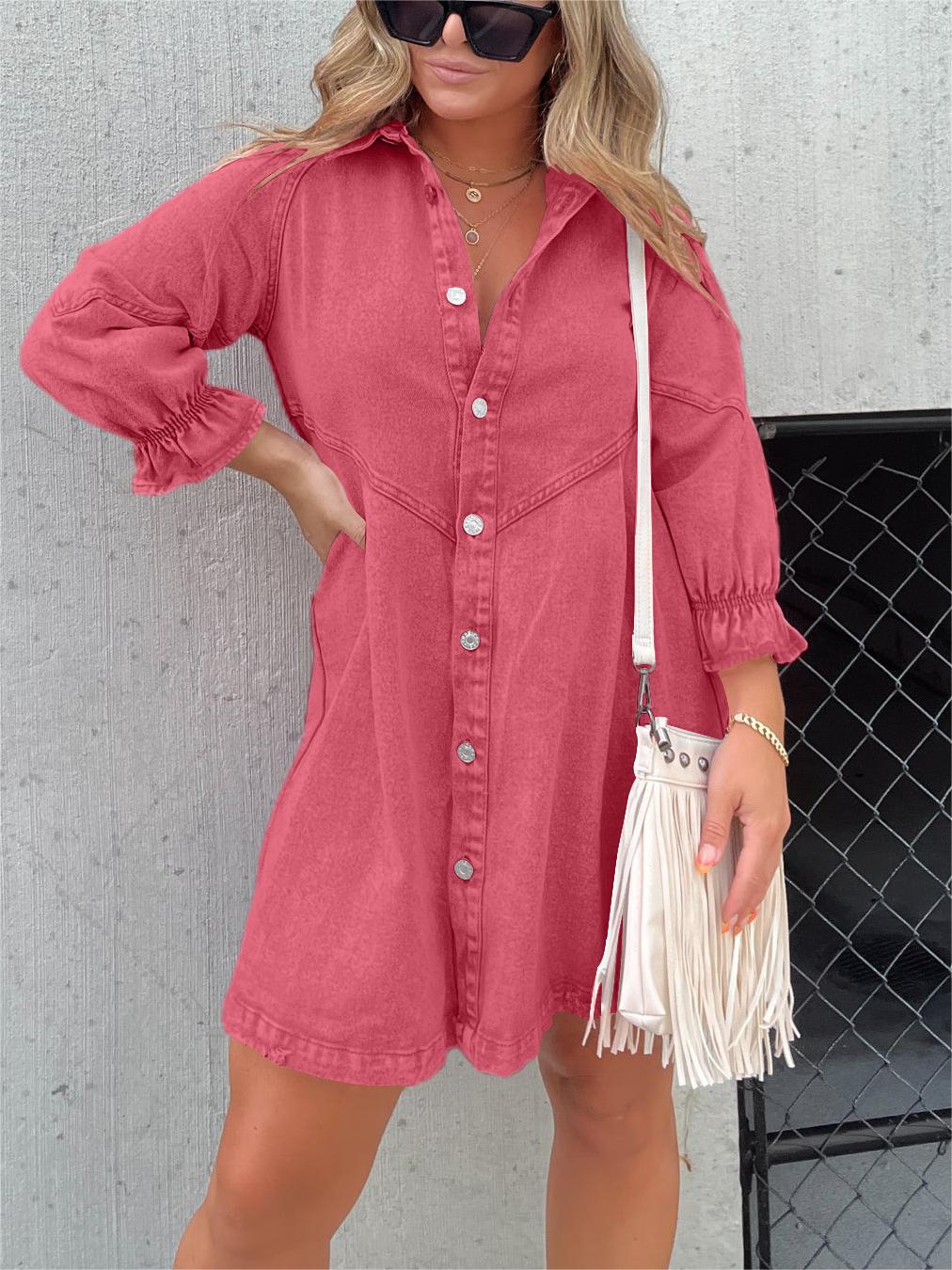 Denim Midi Dress for Women with Stylish Turn-down Collar - Zorelyae
