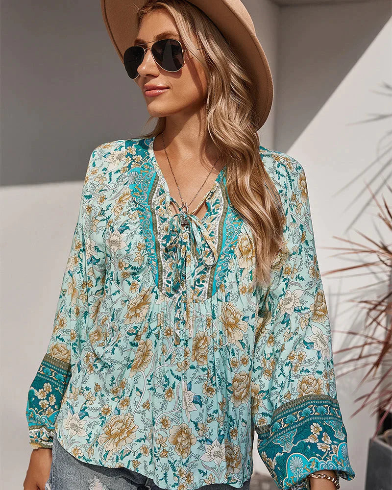Vintage Boho Summer Blouse with Floral Print and Long Sleeves – Sana