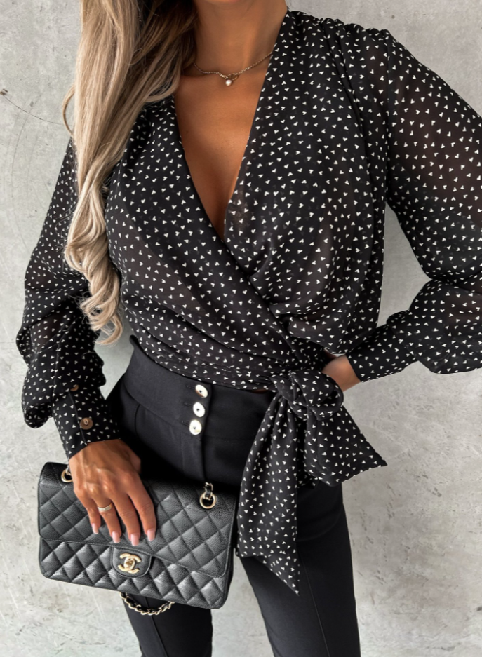 Stylish Spring V-Neck Blouse with Puff Sleeves - Mireille