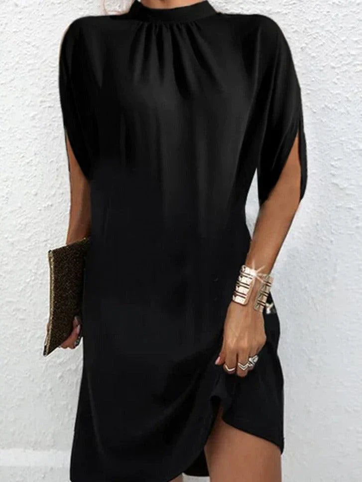 Amelia – modern black midi dress with stand-up collar
