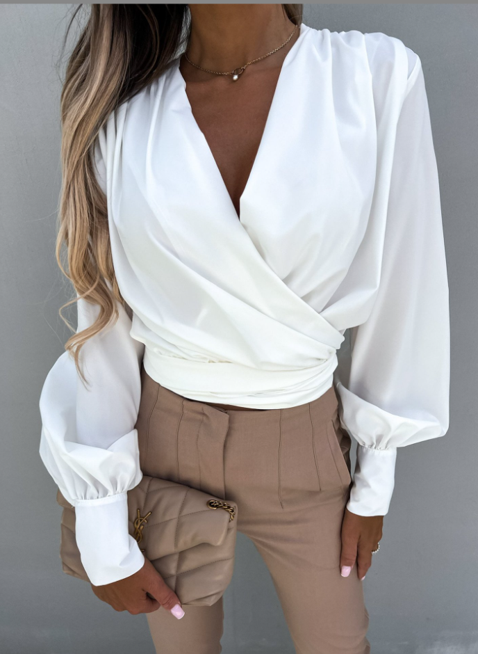 Stylish Spring V-Neck Blouse with Puff Sleeves - Mireille