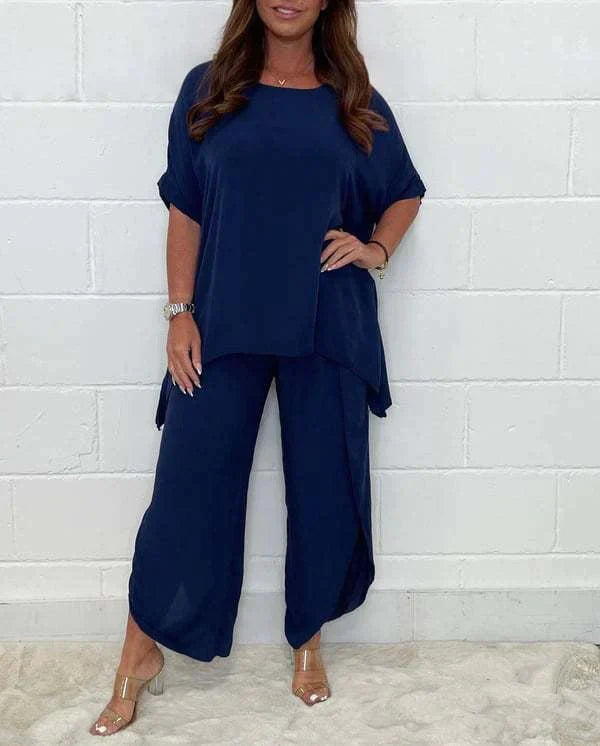 Romana - Casual cotton and linen suit with round neck
