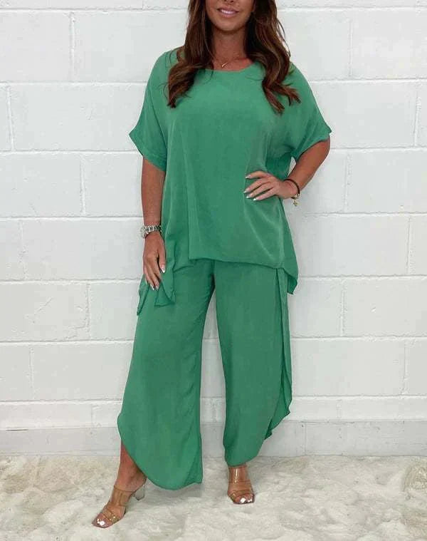 Romana - Casual cotton and linen suit with round neck