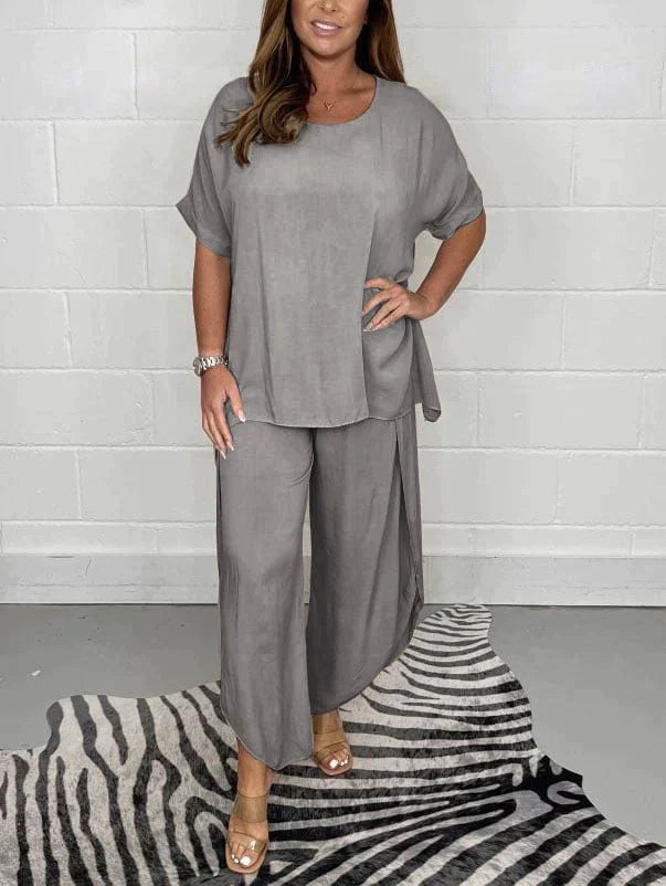 Romana - Casual cotton and linen suit with round neck