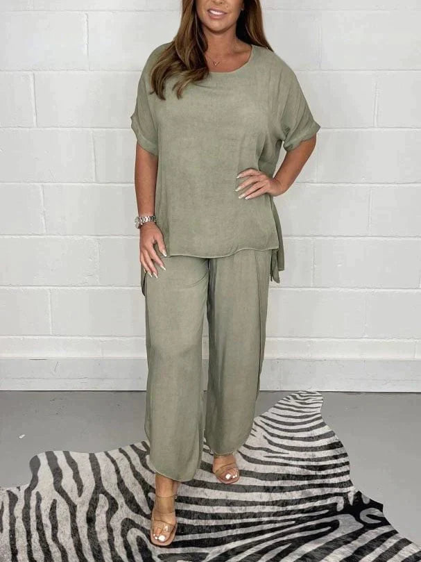 Romana - Casual cotton and linen suit with round neck