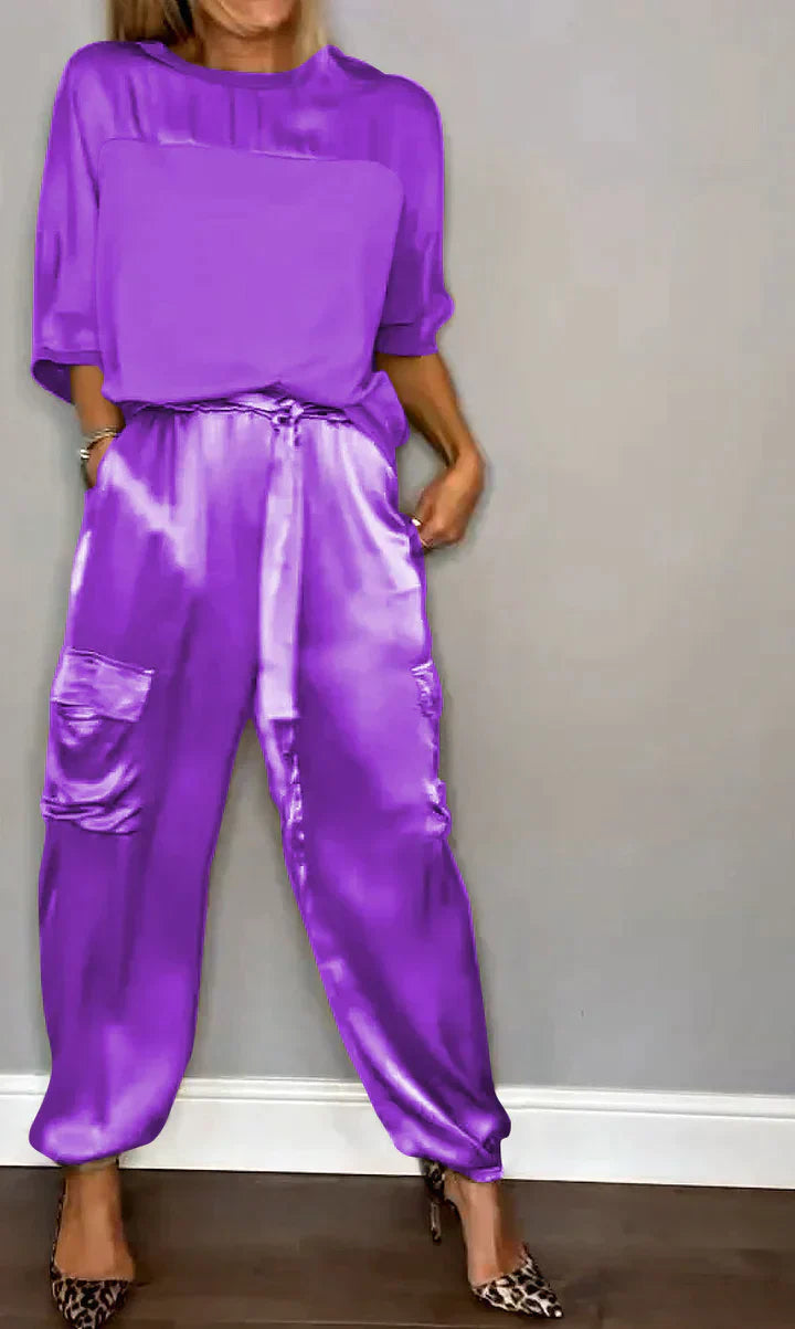 Kleya - Two-piece suit in smooth satin with mid-length top and trousers for women