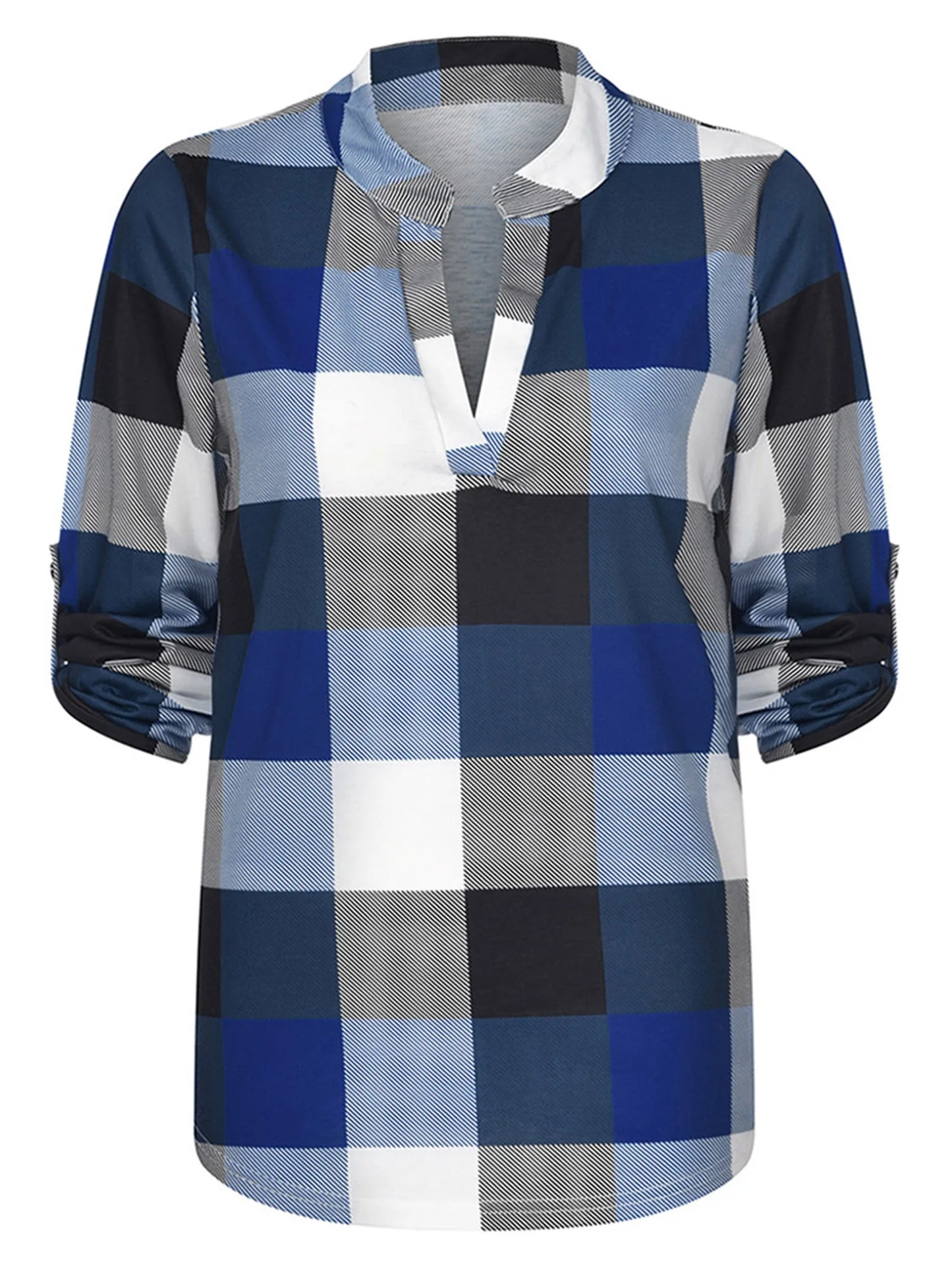 Plaid Spring Blouse with V-Neck in Plus Size