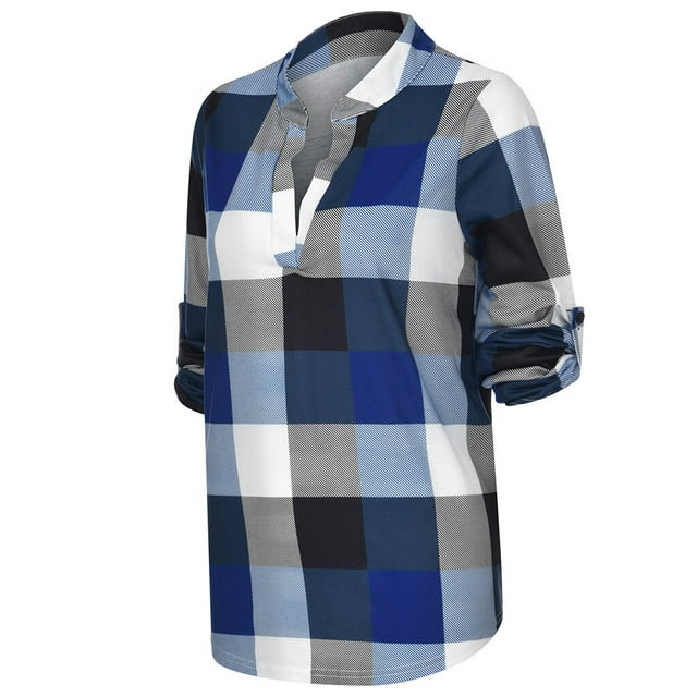 Plaid Spring Blouse with V-Neck in Plus Size