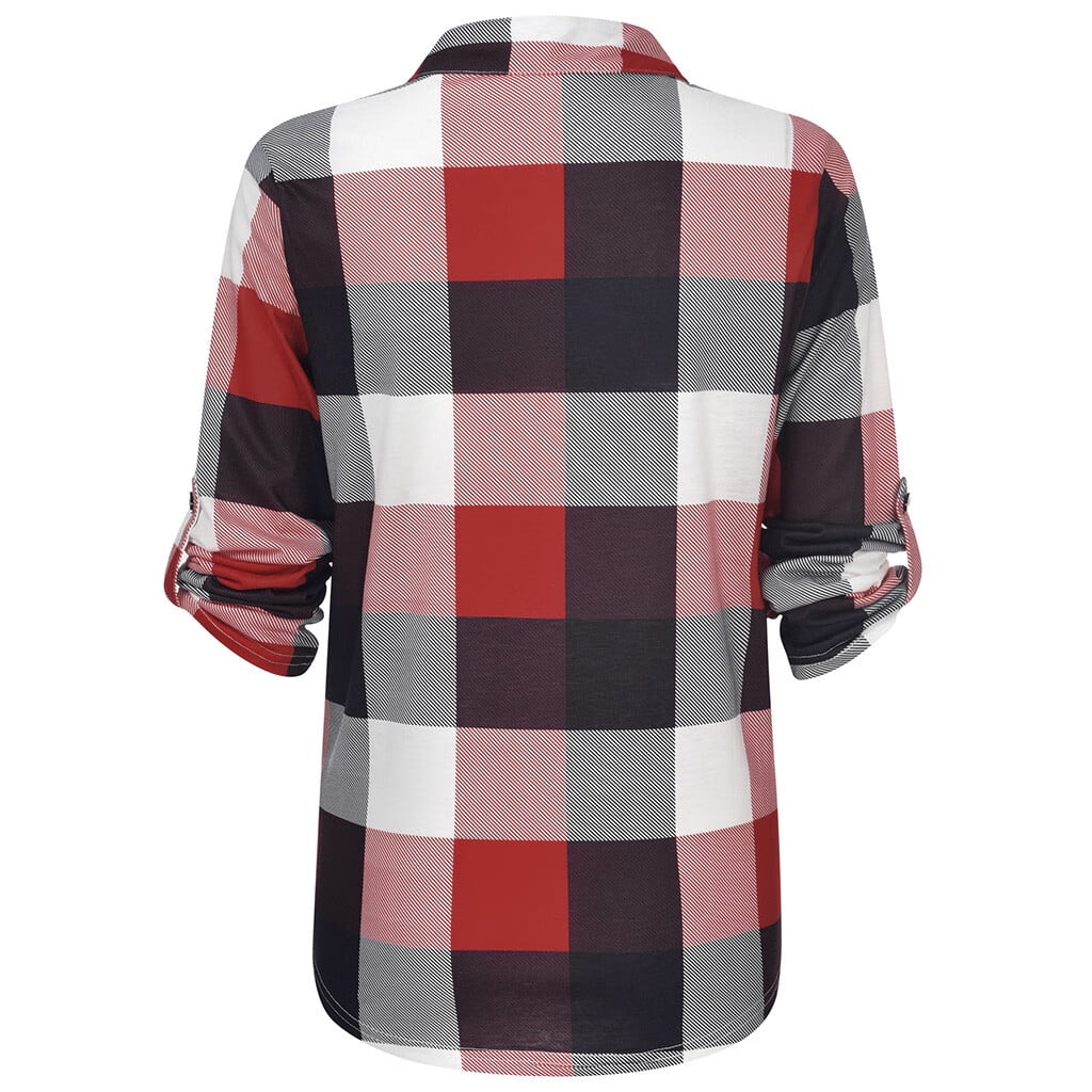 Plaid Spring Blouse with V-Neck in Plus Size