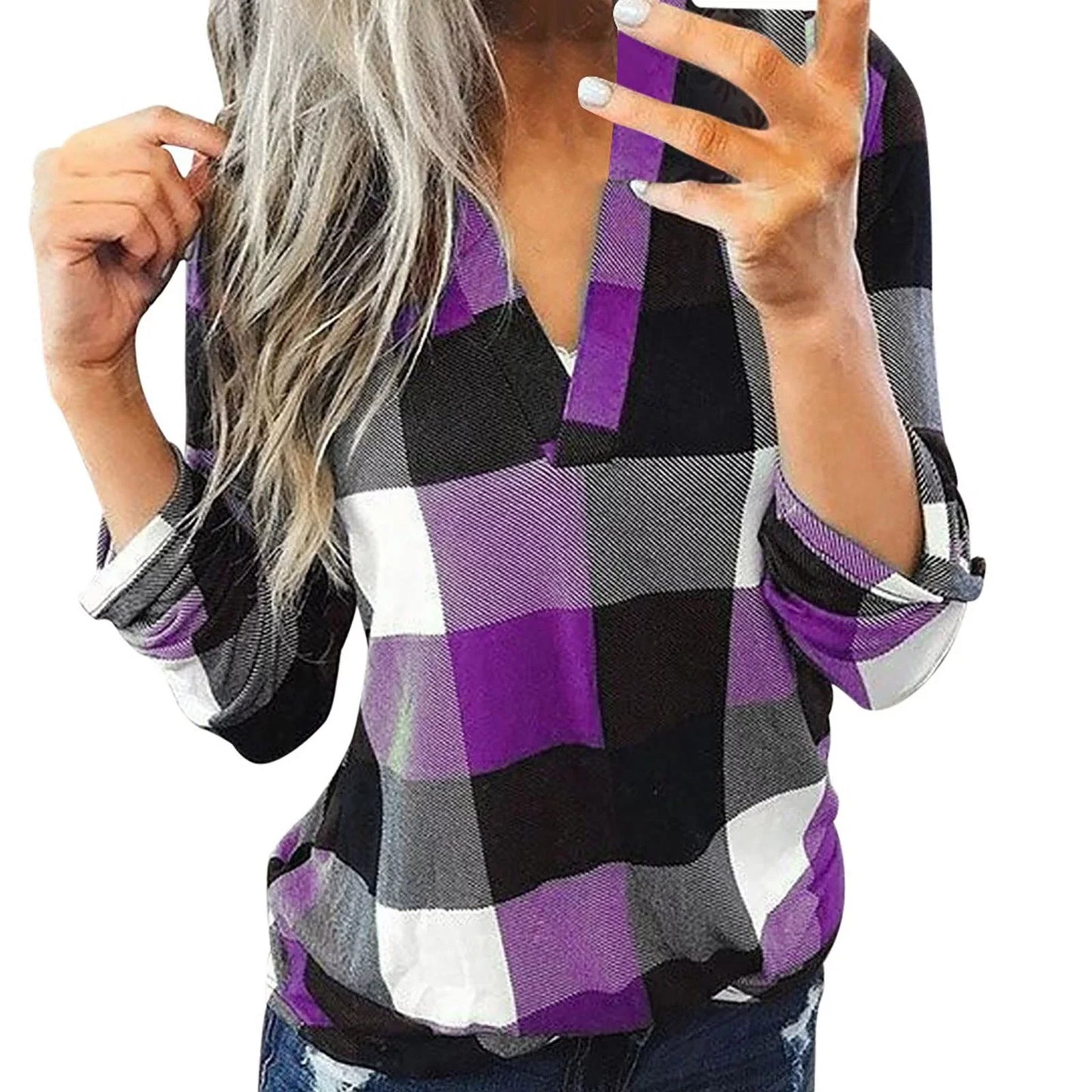 Plaid Spring Blouse with V-Neck in Plus Size