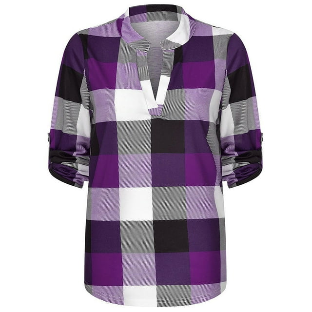 Plaid Spring Blouse with V-Neck in Plus Size