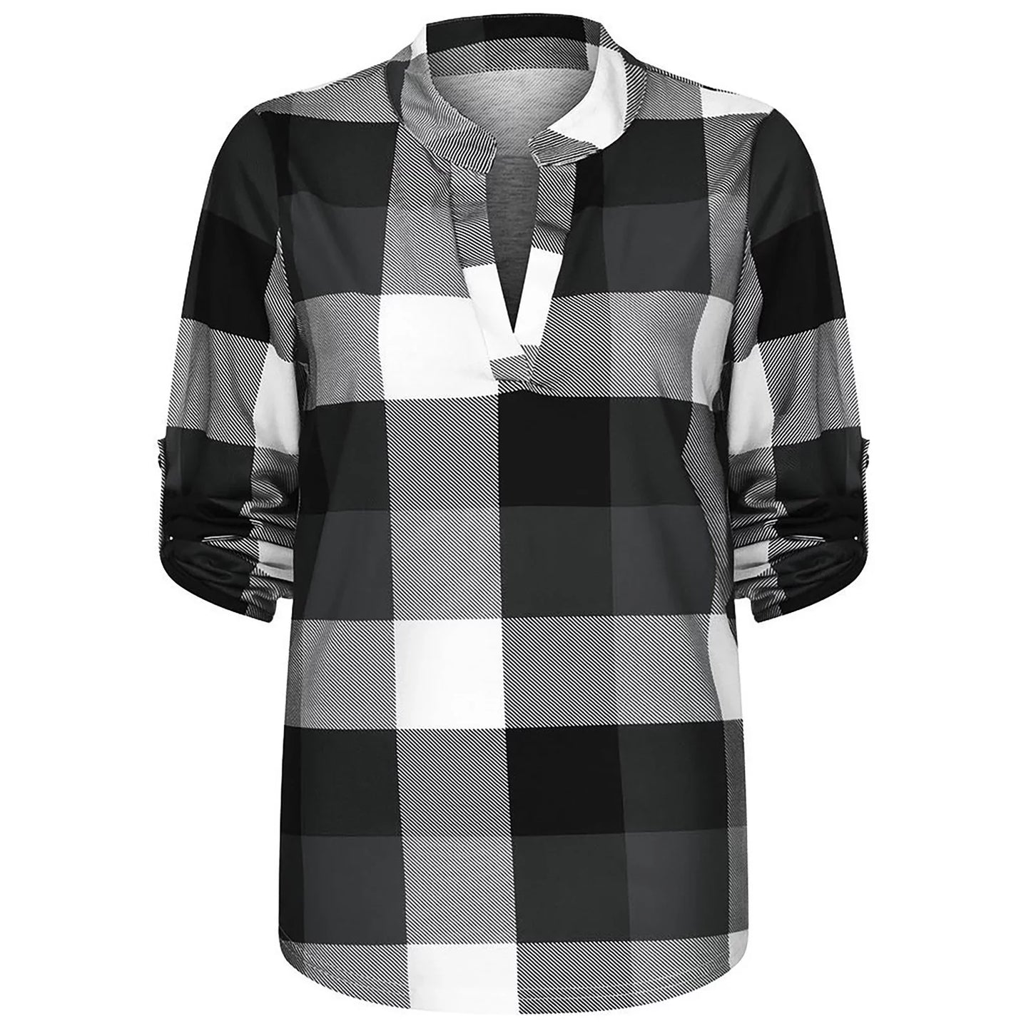 Plaid Spring Blouse with V-Neck in Plus Size