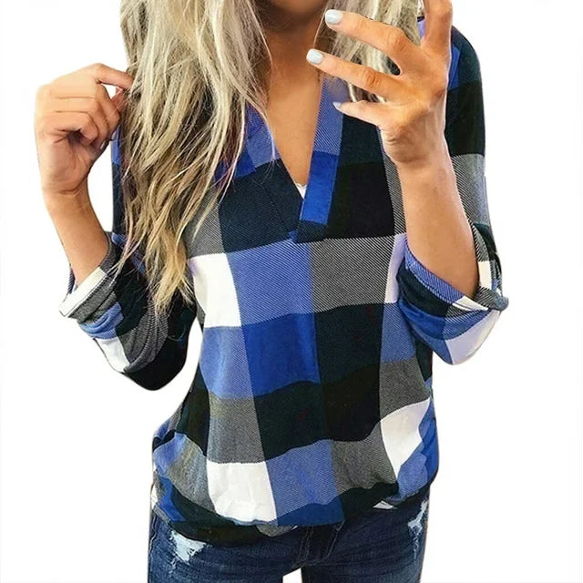Plaid Spring Blouse with V-Neck in Plus Size