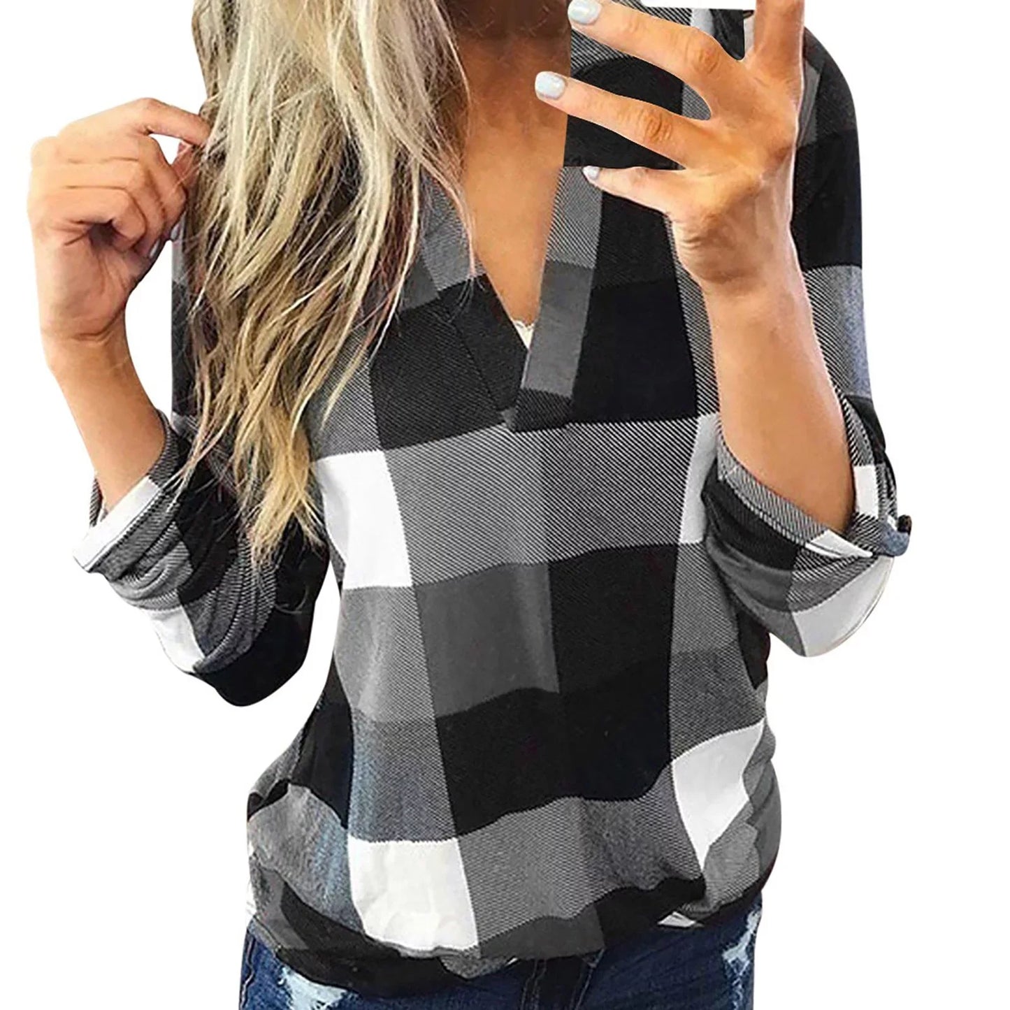 Plaid Spring Blouse with V-Neck in Plus Size