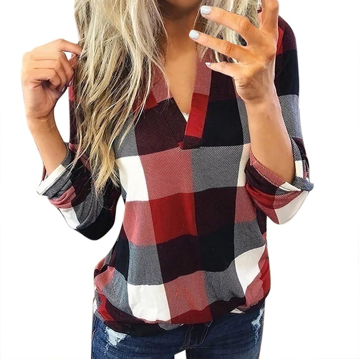 Plaid Spring Blouse with V-Neck in Plus Size
