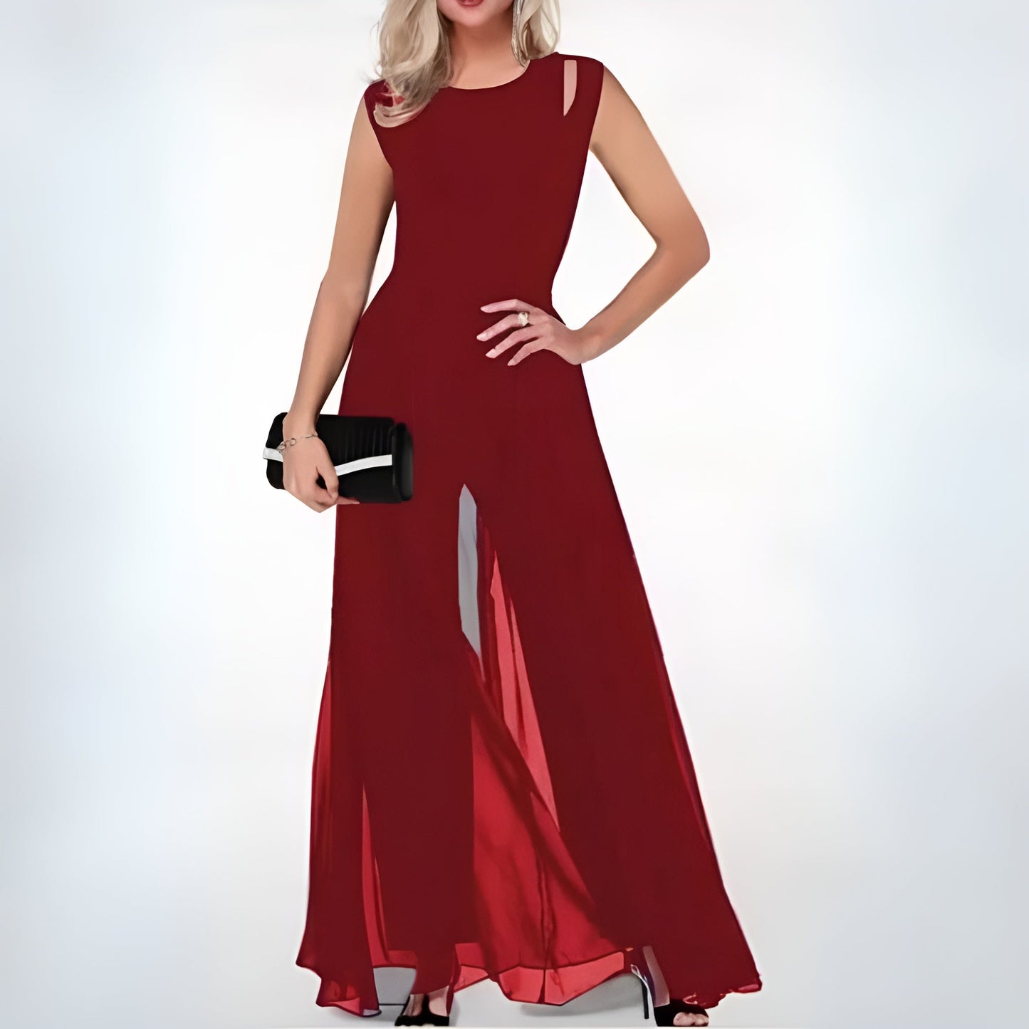 Women's Evening Jumpsuit with Chiffon Skirt and Cut-Out – Elegant Jumpsuit for Festive Occasions & Events