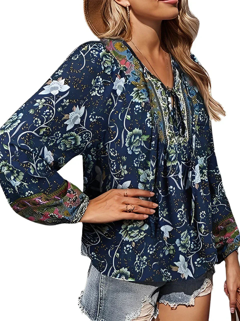 Vintage Boho Summer Blouse with Floral Print and Long Sleeves – Sana