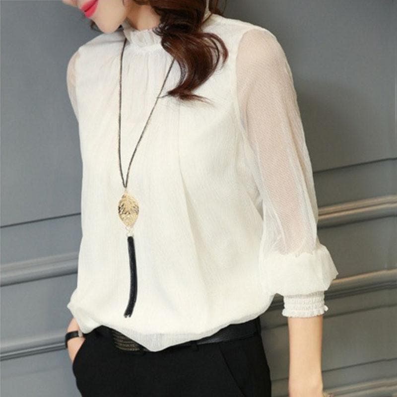 Elegant Women's Chiffon Blouse with Ruffles & Transparent Sleeves – Elina