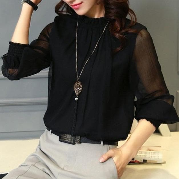 Elegant Women's Chiffon Blouse with Ruffles & Transparent Sleeves – Elina