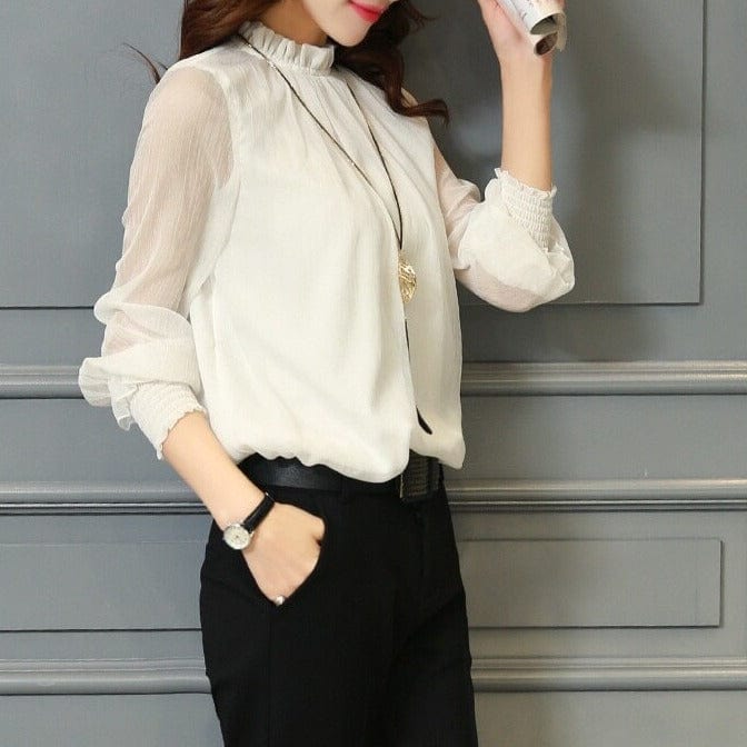 Elegant Women's Chiffon Blouse with Ruffles & Transparent Sleeves – Elina