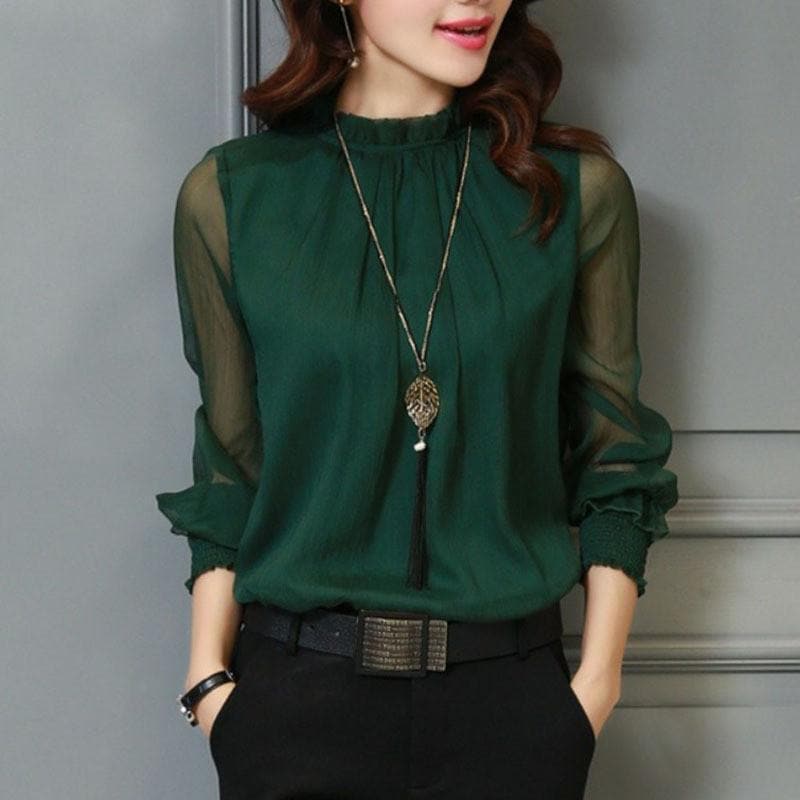 Elegant Women's Chiffon Blouse with Ruffles & Transparent Sleeves – Elina