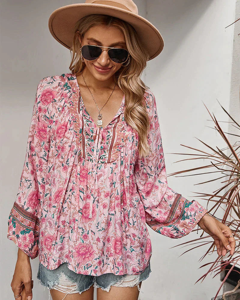 Vintage Boho Summer Blouse with Floral Print and Long Sleeves – Sana