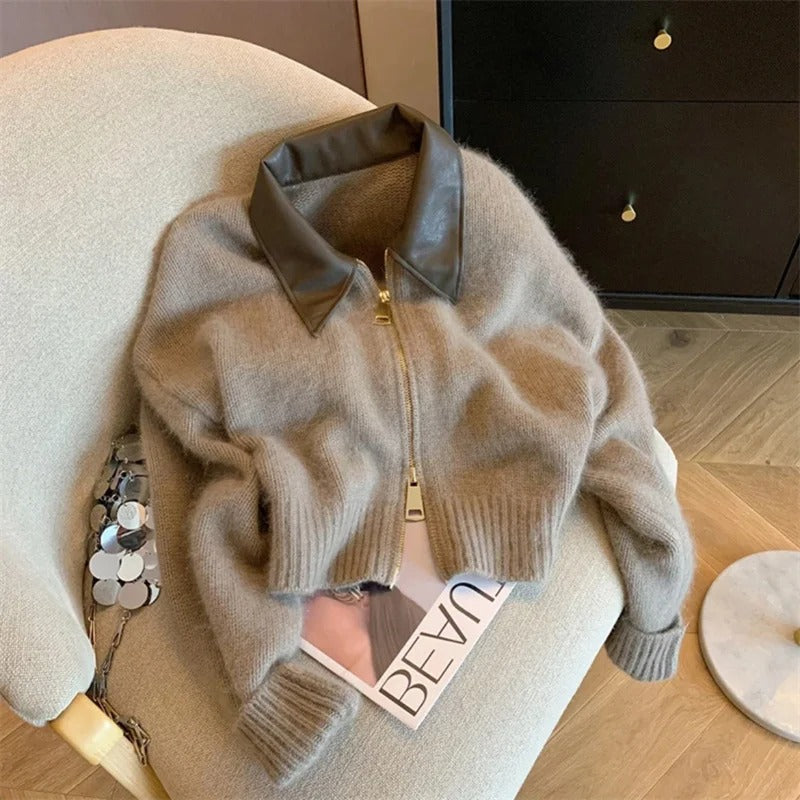 Ada - Knitted zip jacket with leather collar