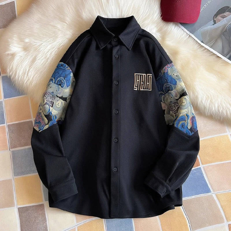 Richard - Embroidery Patchwork Bear Long Sleeve Shirt for Men