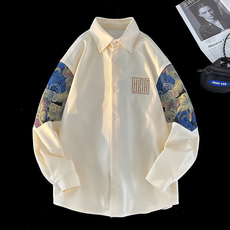 Richard - Embroidery Patchwork Bear Long Sleeve Shirt for Men