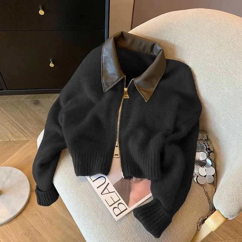 Ada - Knitted zip jacket with leather collar