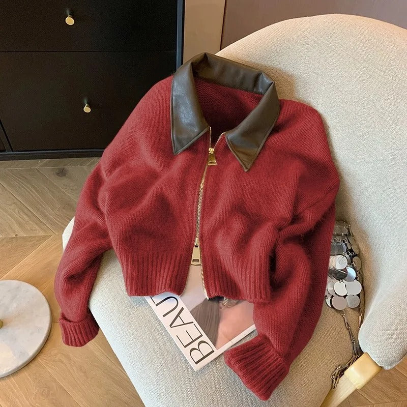 Ada - Knitted zip jacket with leather collar