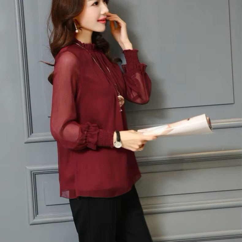 Elegant Women's Chiffon Blouse with Ruffles & Transparent Sleeves – Elina