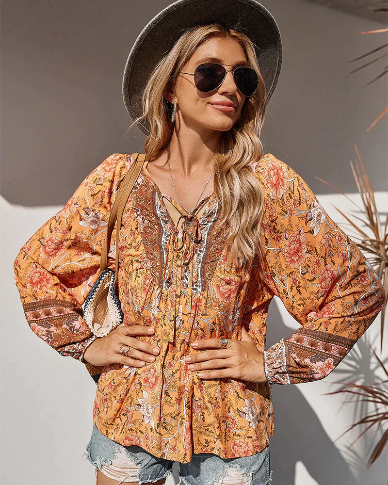 Vintage Boho Summer Blouse with Floral Print and Long Sleeves – Sana