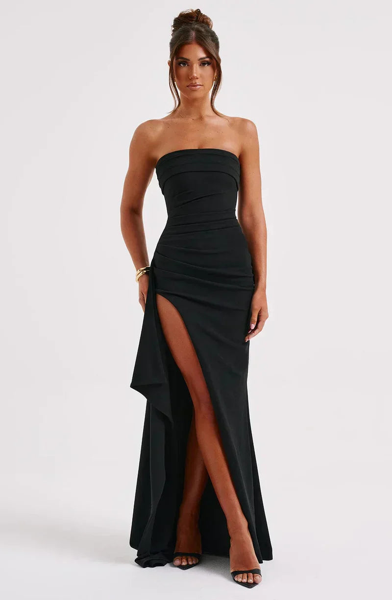 Women's Strapless Maxi Dress with Side Slit for Summer