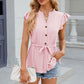Leimomi | Button Eyelet Notched Cap Sleeve Women's Blouse - Stylish & Feminine Top