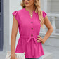 Leimomi | Button Eyelet Notched Cap Sleeve Women's Blouse - Stylish & Feminine Top