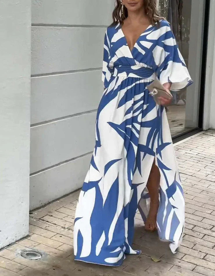 Emma – Blue Printed Maxi Dress with 3/4 Sleeves