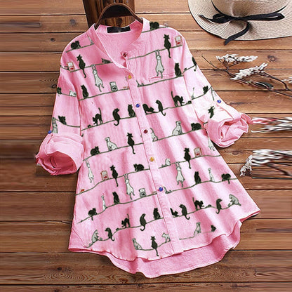 Light Women's Blouse with Cat Motif & Button Placket – Kaja