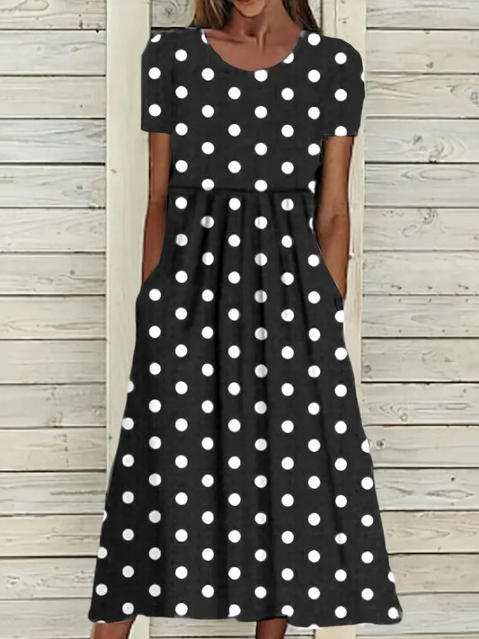 Eleanor – light, short-sleeved, polka-dotted dress with round neckline
