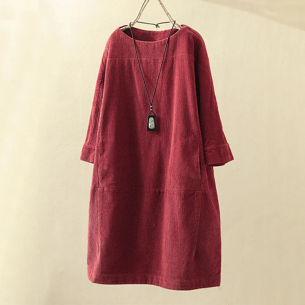 Women's Corduroy Dress with 3/4 Sleeves: Vintage Casual Oversized Dress, Autumn & Winter Long-Sleeve Dress with Round Neck