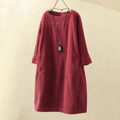 Women's Corduroy Dress with 3/4 Sleeves: Vintage Casual Oversized Dress, Autumn & Winter Long-Sleeve Dress with Round Neck