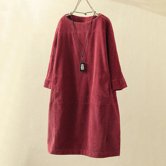 Women's Corduroy Dress with 3/4 Sleeves: Vintage Casual Oversized Dress, Autumn & Winter Long-Sleeve Dress with Round Neck