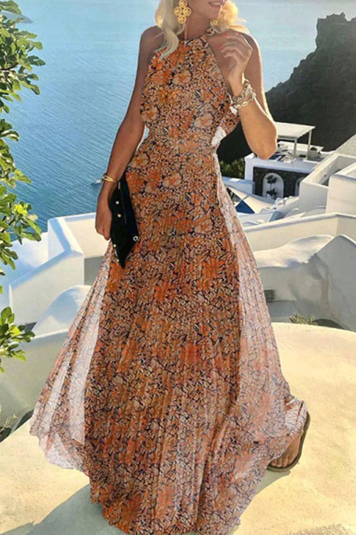 Cassey - Bohemian Print Patchwork Halter Pleated Dresses