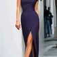 Amanda - Elegant evening dress with slanted collar and slit