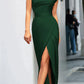 Amanda - Elegant evening dress with slanted collar and slit